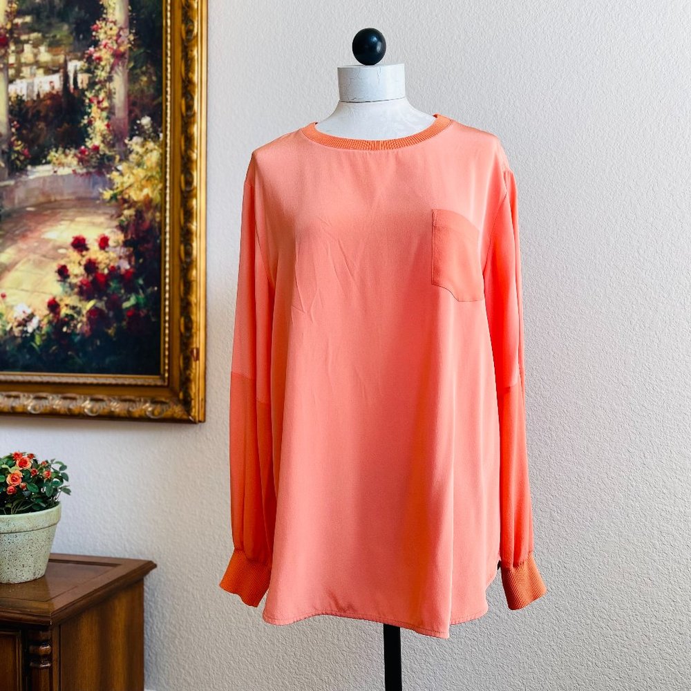 EUC Per Se Orange 100% Silk Long Sleeve Curve Hem Blouse